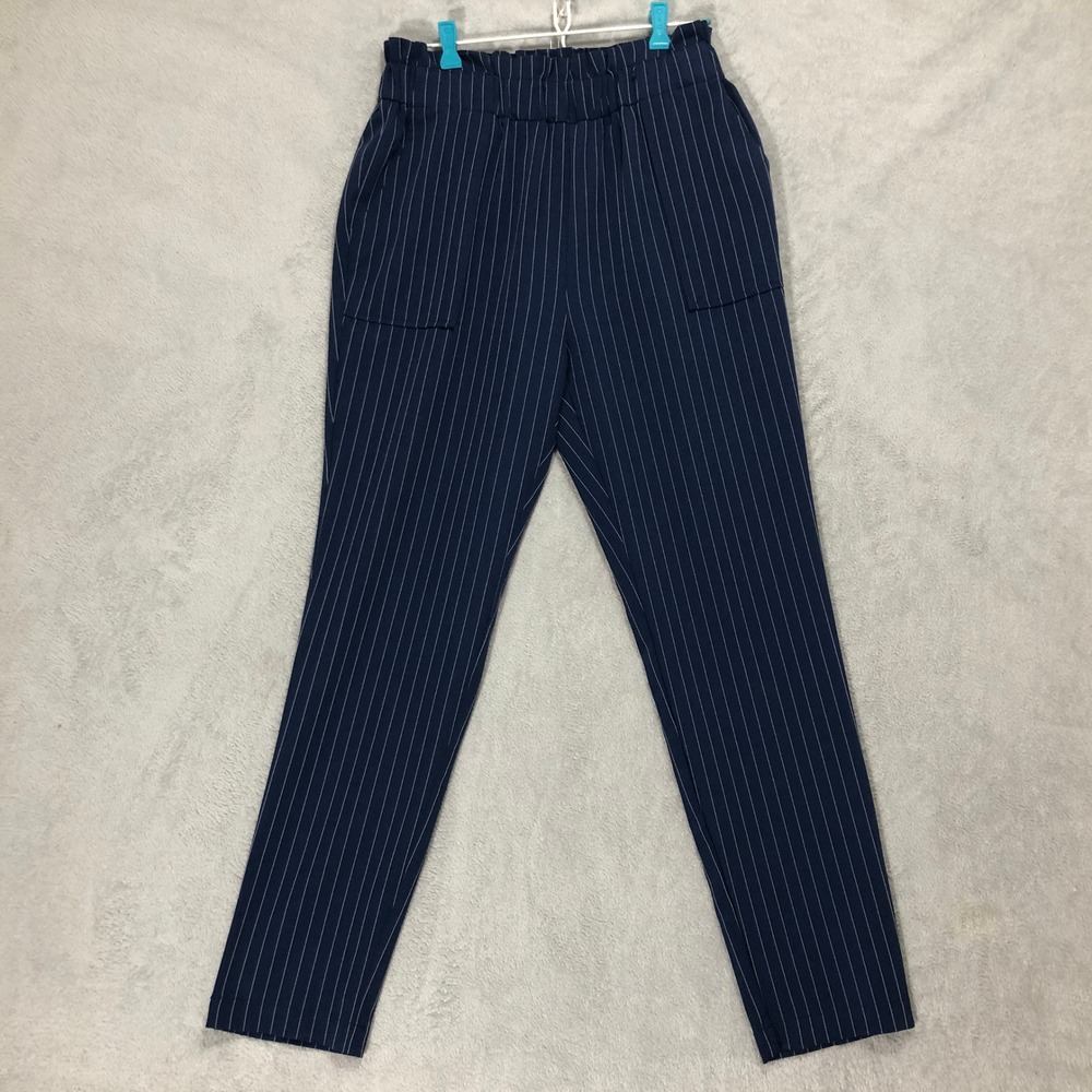 Style Rack Pinstripe Pants High Waist Paper Bag Waist‎ Casual Blue Size Large